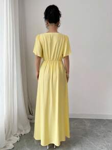 Rafferiza Women Casual Square Collar Ruffle Sleeve Solid Color Yellow Dress - Yellow - View 3