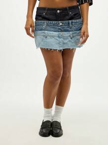 SUMWON WOMEN Tiered Denim Mini Skirt Stacked Waistband Design Frayed Raw Hem Summer Beach Festival Y2K Distressed Casual Multi Layer Skirt - Multicolor - View 3