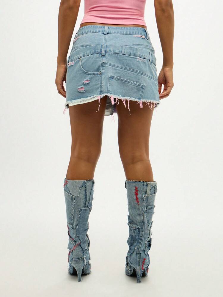 SUMWON WOMEN Stacked Layer Denim Mini Skirt With Raw Hem