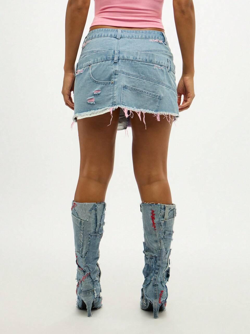 SUMWON WOMEN Stacked Layer Denim Mini Skirt With Raw Hem