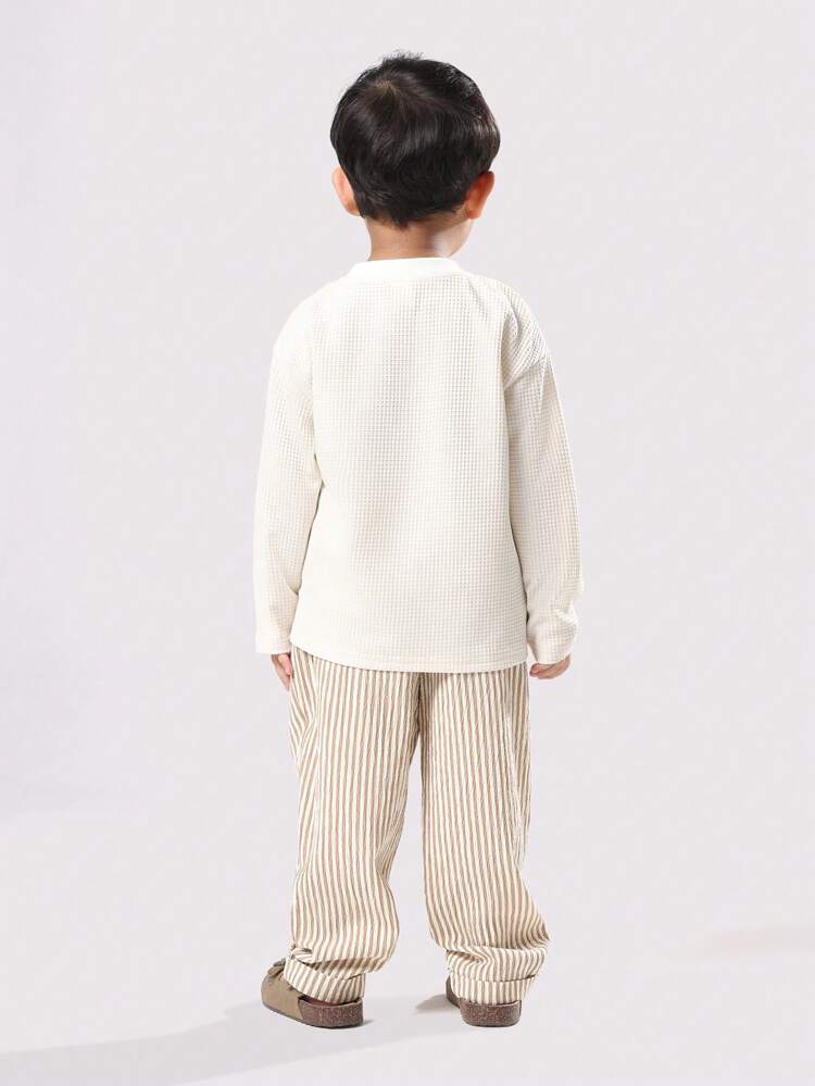 Waffle Knit Henley With Striped Pants Set