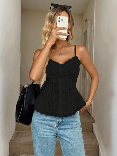 Easowa 蕾丝拼布纽扣前褶腰休闲度假优雅刺绣提花面料吊带背心，女士春夏