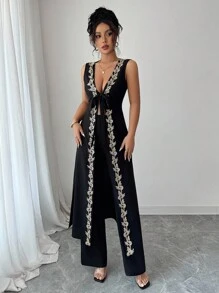 Elenzga Halloween V-Neck Tie Waist Sleeveless A-Line Top With Gold Floral Trim Vest And Straight Leg Pants, Elegant & Romantic Women 2 Pieces Set - Black - View 5