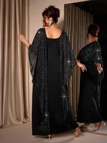 Cravure Abito elegante da donna con collo rotondo, in tessuto in maglia tinta unita nera con inserti in chiffon metallizzato lucido, taglio aderente, adatto per feste, autunno/inverno, taglie comode - nero - Visualizzare 4