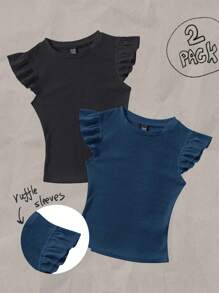 Soleia 两件套黑色和藏蓝色罗纹圆领修身泡泡袖T恤，适合夏季穿着 - 彩色 - 查看 1