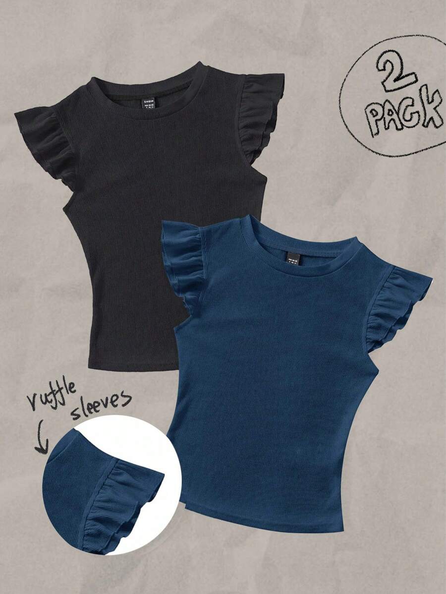 Soleia 两件套黑色和藏蓝色罗纹圆领修身泡泡袖T恤，适合夏季穿着 - 彩色 - 查看 1