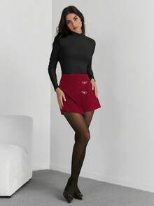 Firerie Quần short nữ quấn chéo đính nơ đính đá màu trơn thanh lịch - Màu Đỏ Sâu - Xem 3