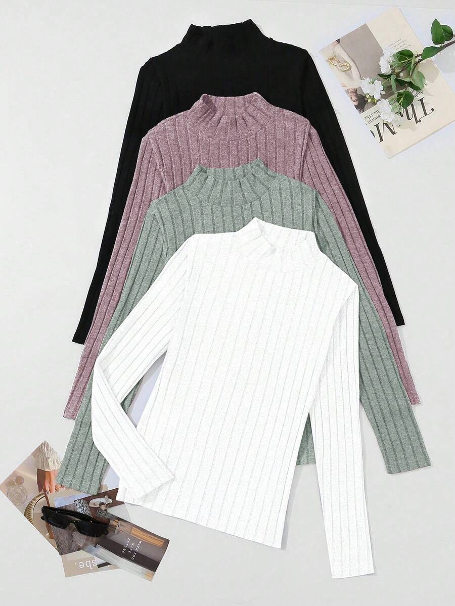 SHEIN LUNE 4pcs Fall Solid Rib-Knit Mock Neck Long Sleeve Tee