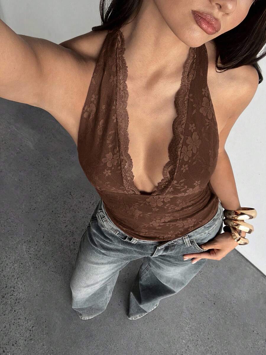 Aloruh 女式复古蕾丝花卉拼布露背吊带背心，夏季 - 棕色 - 查看 1