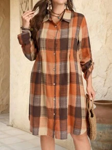 Rusticease Vestido camisero casual y holgado a cuadros para mujer de talla grande