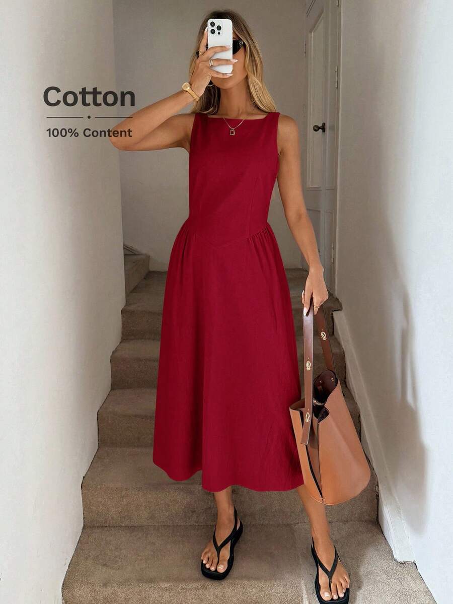 Easowa Đầm suông chữ A cổ tròn, xếp ly eo, đầm midi thanh lịch cho nữ, làm từ vải cotton hữu cơ, thích hợp cho mùa xuân và mùa hè - Đỏ - Xem 1