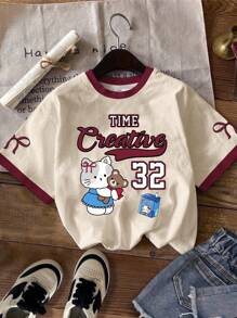 Muchica 休闲简约卡通图案圆领短袖宽松女T恤，适合夏季 - 彩色 - 查看 1