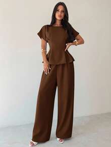 Firerie Conjunto de 2 piezas de verano para mujer: Blusa de manga corta con cuello redondo, plisada en la cintura, textura de bambú en color amarillo albaricoque + Pantalón ancho y suelto. Estilo retro, versátil para uso diario, oficina, aeropuerto, viajes. Elegante y sencillo para maestras, oficina, salidas.