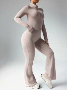 Rhythm Era 2 件套女士加大码休闲前拉链连帽夹克和高腰喇叭裤，拇指孔设计健身女士套装 - 粉色 - 查看 4