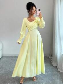 Lyxana Wiosenno-jesienna sukienka w kolorze żółtego jaskra w stylu francuskim, elegancka, słodka i romantyczna, z bufiastymi rękawami i wyszczuplającą talią, z długim rękawem dla kobiet - Żółty - Zobacz 2