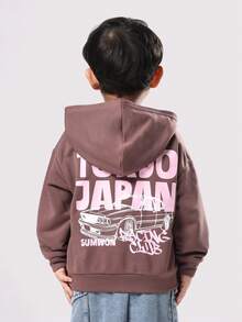 SUMWON 常规款童装男童东京日本印花连帽衫街头风秋冬休闲摩托俱乐部套头连帽卫衣汽车设计日常穿着度假服饰 - 棕色 - 查看 5