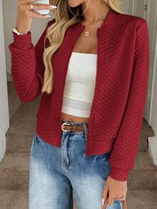 Easowa 女士绗缝纹理面料棒球夹克，休闲通勤优雅户外运动家居舒适秋冬红色绗缝夹克女式红色拉链夹克女式绗缝飞行员夹克女式轻便红色夹克女式休闲红色夹克，秋季 - 紅色 - 查看 5