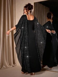 Cravure Abito elegante da donna con collo rotondo, in tessuto in maglia tinta unita nera con inserti in chiffon metallizzato lucido, taglio aderente, adatto per feste, autunno/inverno, taglie comode - nero - Visualizzare 2