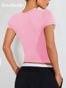 Eassivo Eassivo Women's Yoga Fitness Workout T-Shirt, Tight-Fitting, Commuting Casual With Side White Stripes, Sexy & Comfortable, Suitable For Commuting, Outdoor, Running, Slim Fit Side Mesh Short Sleeve Top Gym Shirts - Baby Pink - View 2