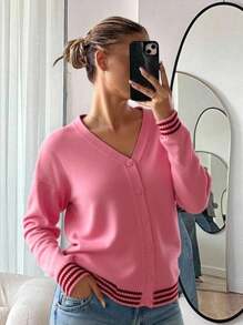 CovetEZ Loose Fit Striped Button Up Cardigan With Drop Shoulder - Pink - View 1