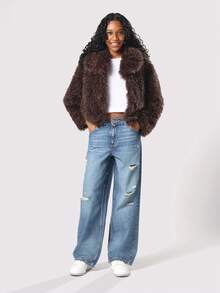 SUMWON Abrigo de peluche para adolescentes, chaqueta de piel sintética de invierno cálida y esponjosa de estilo sherpa, abrigo de moda esponjoso con bolsillos laterales para uso casual diario - Marrón - Ver 3
