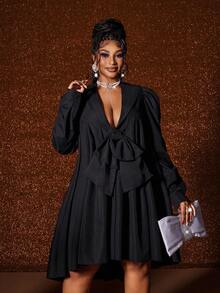 Maweii Plus-Size Women's Bow Bow Tie Loose New Year Party Dress Fall - Black - View 1