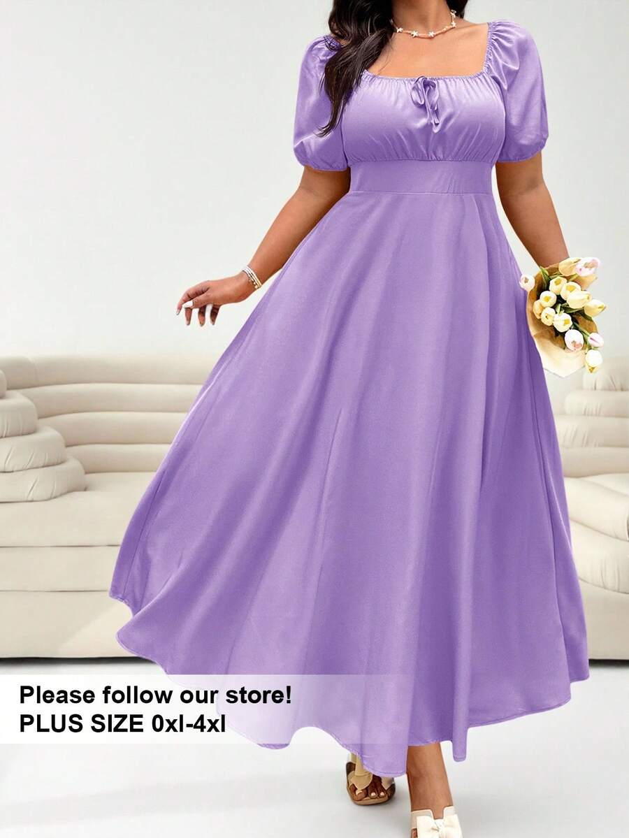 Solflare 大码女式紫丁香色短袖休闲系带前腰收腰优雅度假连衣裙，适合婚礼宾客，春夏季 - 紫丁香色 - 查看 1