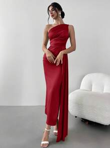 Firerie 女式褶饰荷叶边单肩褶饰连衣裙，适合派对、舞会、晚礼服、优雅、宴会、约会之夜、性感、鸡尾酒会、毕业典礼 - 酒紅色 - 查看 5