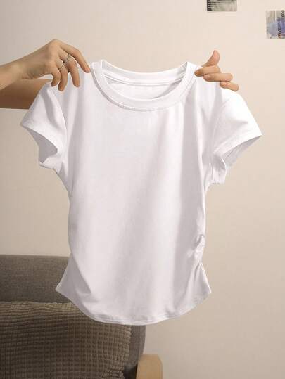 INAWLY Women's Right Shoulder Round Neck Ruffle Edge Slim Fit Short Sleeve Casual T-Shirt