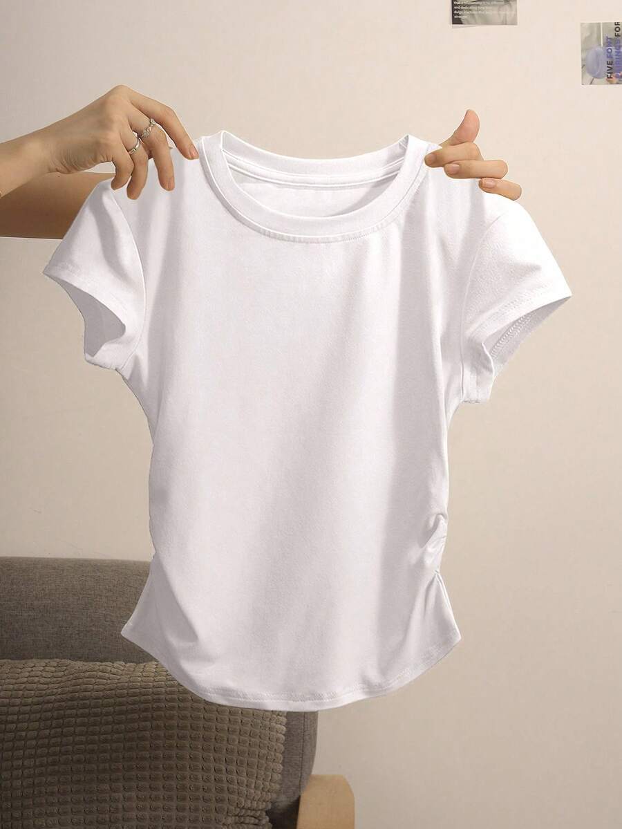 INAWLY Women's Right Shoulder Round Neck Ruffle Edge Slim Fit Short Sleeve Casual T-Shirt - White - View 1
