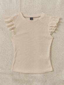 SHEIN EZwear 2pcs Green & Apricot Ribbed Fabric Round Neck Fitted T-Shirt Set With Flutter Sleeves, Suitable For Summer - Multicolor - View 3