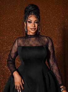 Maweii Váy phồng ren chắp vá thanh lịch cỡ lớn - màu đen - Xem 2