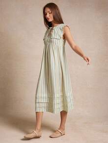 WESTFADE 条纹编织超大荷叶边水手领蝴蝶结纽扣前部无袖褶皱修身喇叭长裙返校可爱秋夏乡村音乐会 - 彩色 - 查看 5