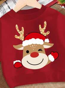 SHEIN Baby Girl Merry Christmas Cute Festive Cartoon Reindeer Print Red Knitted Soft Crew Neck Loose Casual Thick Warm Sweatshirt, Suitable For Autumn/Winter - Burgundy - View 4