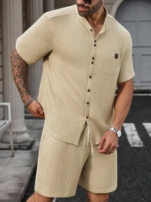 Manfinity Homme Conjunto de camisa casual de verano de manga corta raglán de unicolor y tela texturizada para hombres de talla grande - Caqui - Ver 4