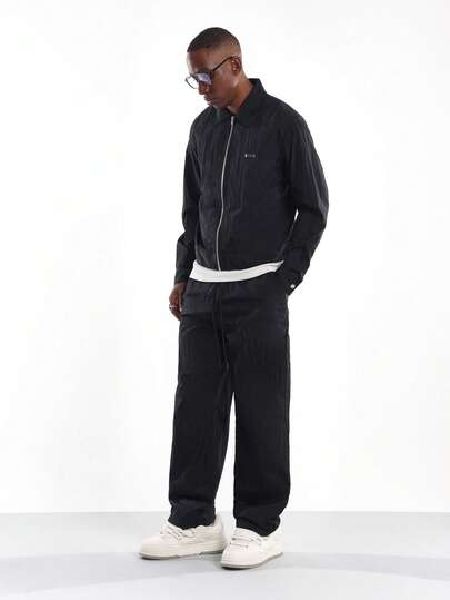 SUMWON Nylon Harrington Jacket Co-Ord Set Full Zip Collar Neck Wide Leg Pants Autumn Winter Streetwear Contemporary Fashion Two Piece Outfit