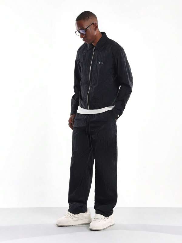 SUMWON Nylon Harrington Jacket Co-Ord Set Full Zip Collar Neck Wide Leg Pants Autumn Winter Streetwear Contemporary Fashion Two Piece Outfit