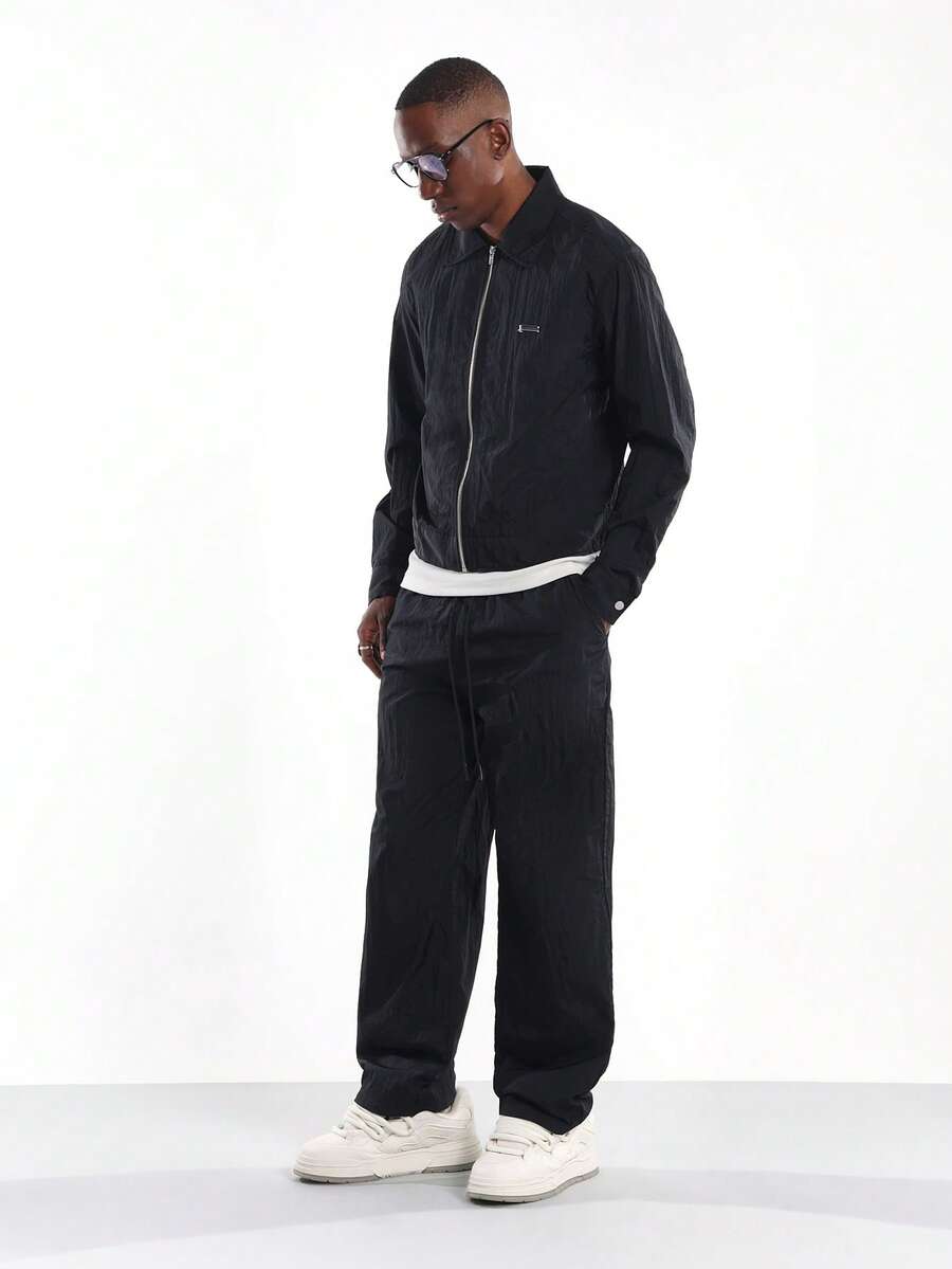 SUMWON Nylon Harrington Jacket Co-Ord Set Full Zip Collar Neck Wide Leg Pants Autumn Winter Streetwear Contemporary Fashion Two Piece Outfit - Black - View 1