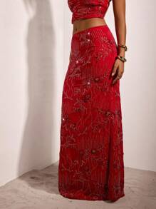 女士度假亮片装饰低腰美人鱼裙摆半身裙，红色亮片长裙，适合秋季、冬季、万圣节装扮、仙女风、商务休闲、圣诞节优雅性感派对约会之夜、婚礼宾客裙装、哥特风 - 紅色 - 查看 6