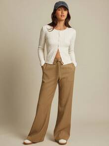 WESTFADE Pantaloni larghi a vita bassa con pinstripe e cintura, pantaloni ampi e fluidi per l'autunno, adatti per concerti country - Castano - Visualizzare 5