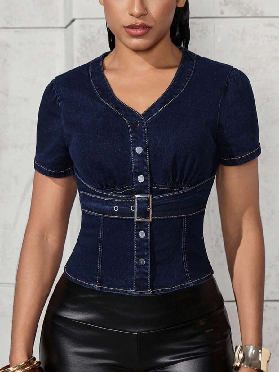 SHEIN Unity Casual Waist Cinched Short Sleeve Women's Denim Jacket, Suitable For Everyday Wear - Blue - View 1