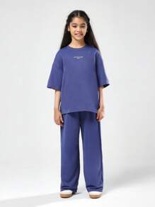 SUMWON 洛杉矶天使队少女运动套装宽松休闲套装阔腿裤秋冬街头风搭配 - 寶藍色 - 查看 2