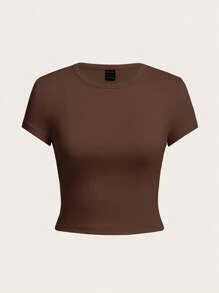 SHEIN EZwear 4 件套深棕色、卡其色、米色、白色休闲圆领短袖修身女式 T 恤，适合夏季 - 彩色 - 查看 4