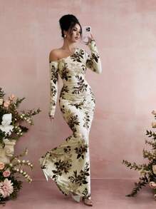 Vestido de manga larga ajustado con hombro oblicuo y estampado floral para mujer - Multicolor - Ver 3