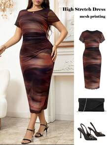 Ellevyn Đầm suông tay ngắn cổ tròn in họa tiết nhuộm loang cỡ lớn cho nữ, Đầm dài ôm sát eo và hông in họa tiết lưới co giãn cao cỡ lớn cho nữ, Đầm dệt kim dài phối ren chắp vá co giãn thời trang Halloween mùa hè - Nhiều màu - Xem 1