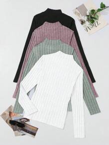 SHEIN LUNE 4pcs Fall Solid Rib-Knit Mock Neck Long Sleeve Tee