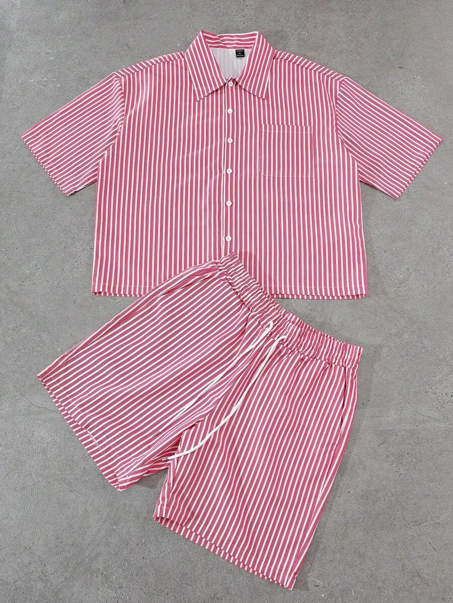 Manfinity EMRG 男士条纹短袖衬衫和短裤套装，衬衫有胸袋，配套条纹短裤有松紧腰带和侧袋，超大宽松版型，休闲街头风格，适合年轻男士，男朋友/丈夫礼物，情侣装男士条纹两件套男士条纹套装男士夏季套装男士条纹短款套装2件套男士短款套装 - 彩色 - 查看 1