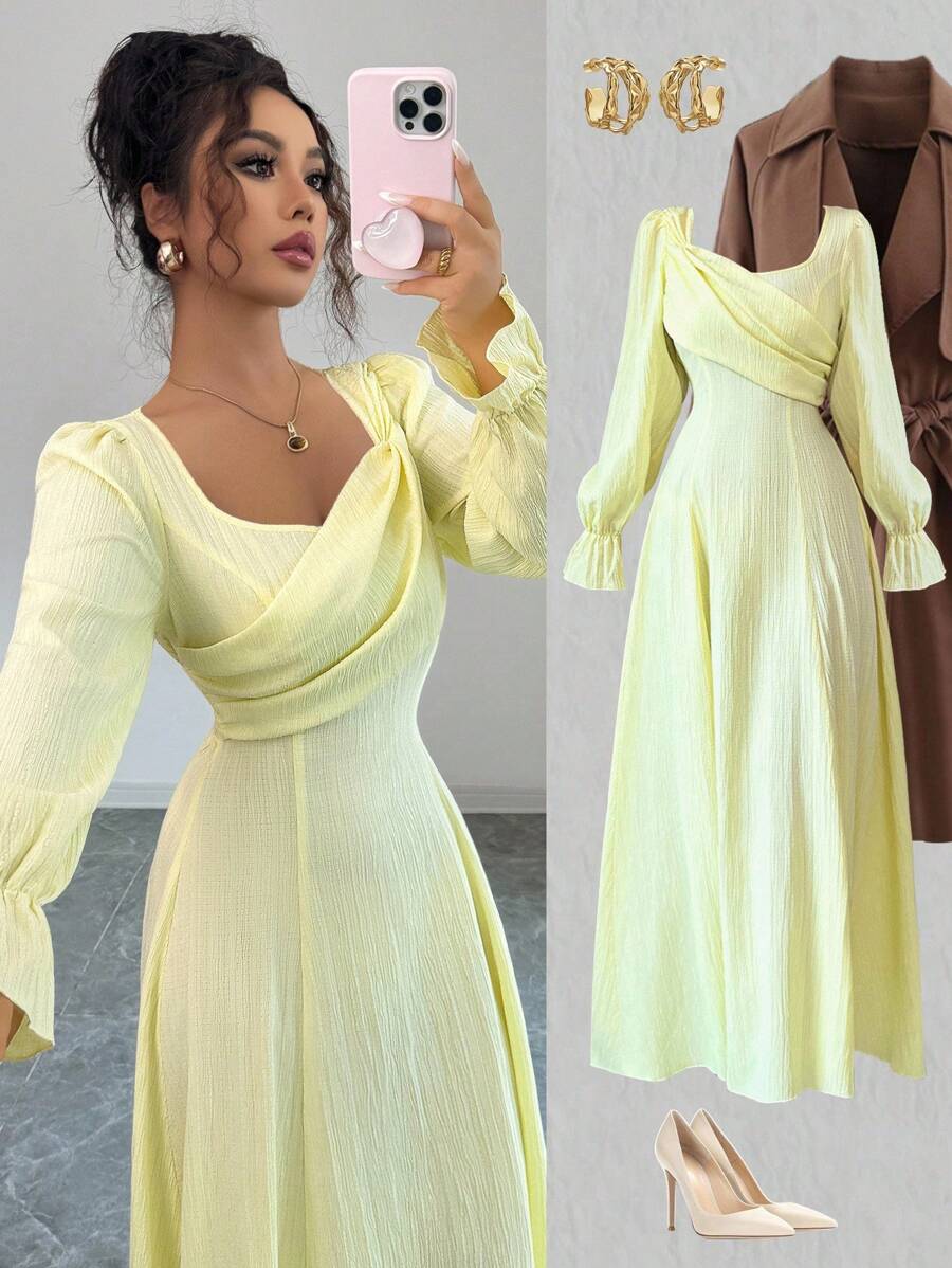 Lyxana Wiosenno-jesienna sukienka w kolorze żółtego jaskra w stylu francuskim, elegancka, słodka i romantyczna, z bufiastymi rękawami i wyszczuplającą talią, z długim rękawem dla kobiet - Żółty - Zobacz 1