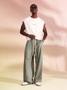 SUMWON Linen Wide Leg Summer Pants Relaxed Fit Drawstring Beach Resort Lounge Casual Trousers Vacation Wear - Army Green - View 3