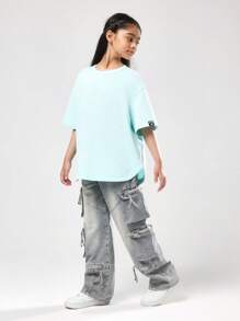 SUMWON Camiseta oversize de color verde menta para adolescentes, de corte relajado, cuello redondo, manga corta, hombros caídos, bajo curvo, básica y esencial para uso diario en verano y primavera - verde menta - Ver 4